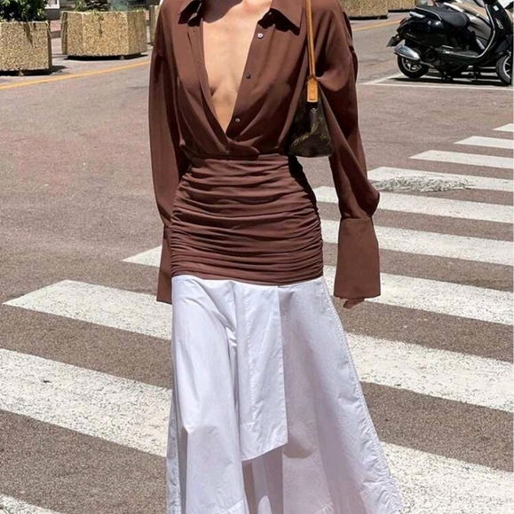 Women Elegant Solid Color Long Sleeve Blouse With Contrasting Color Skirt Set